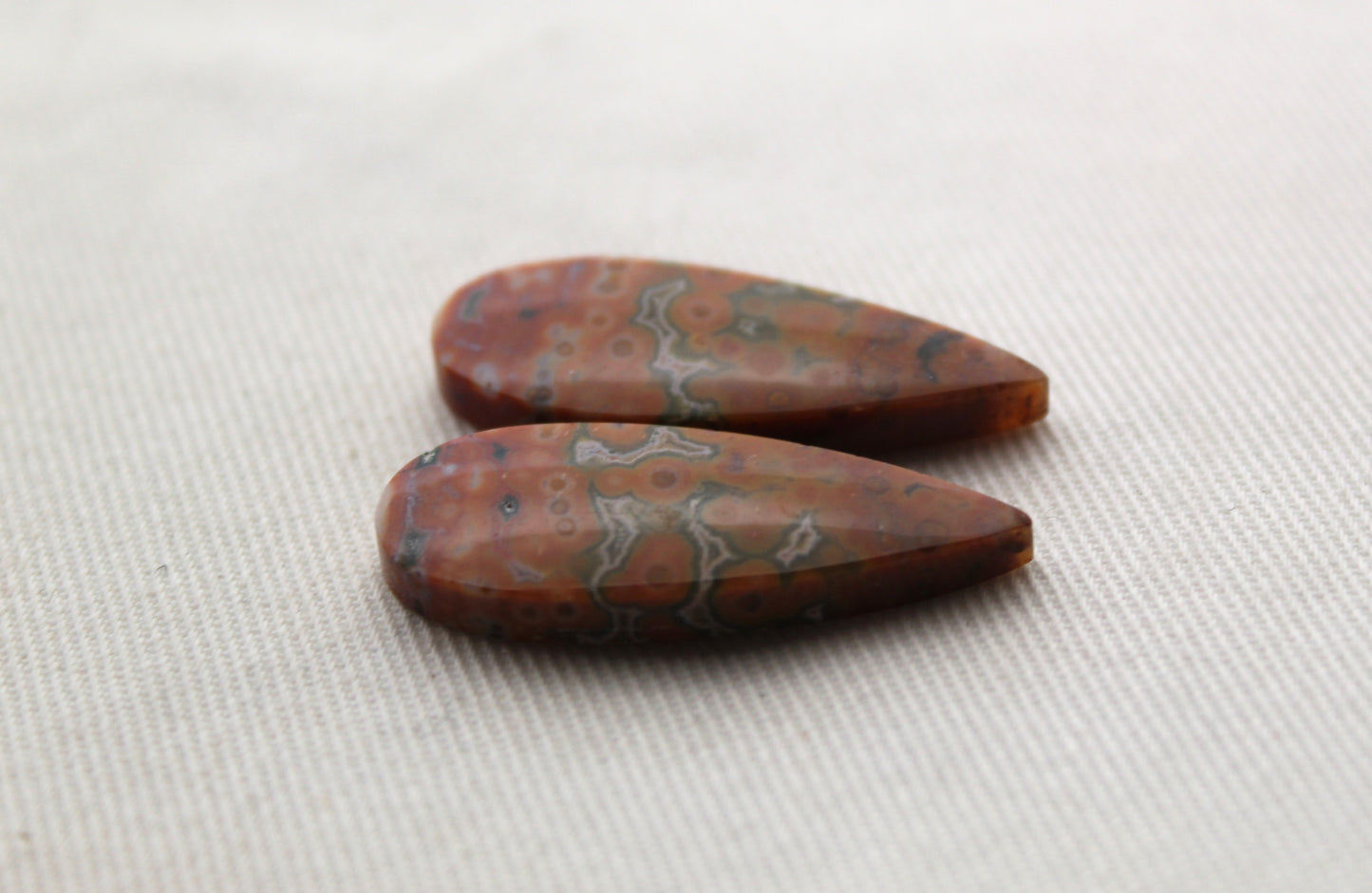 River Jasper Cabochon Pair Gemstone green orange teardrop