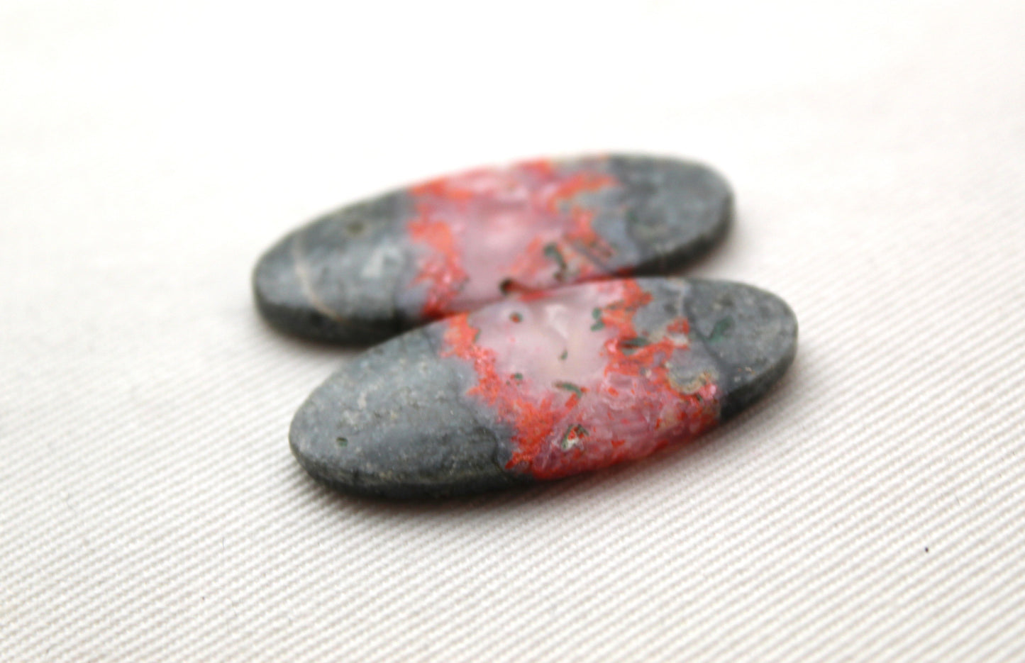 Pair Green Bumblebee Jasper cabochon Gemstone Oval