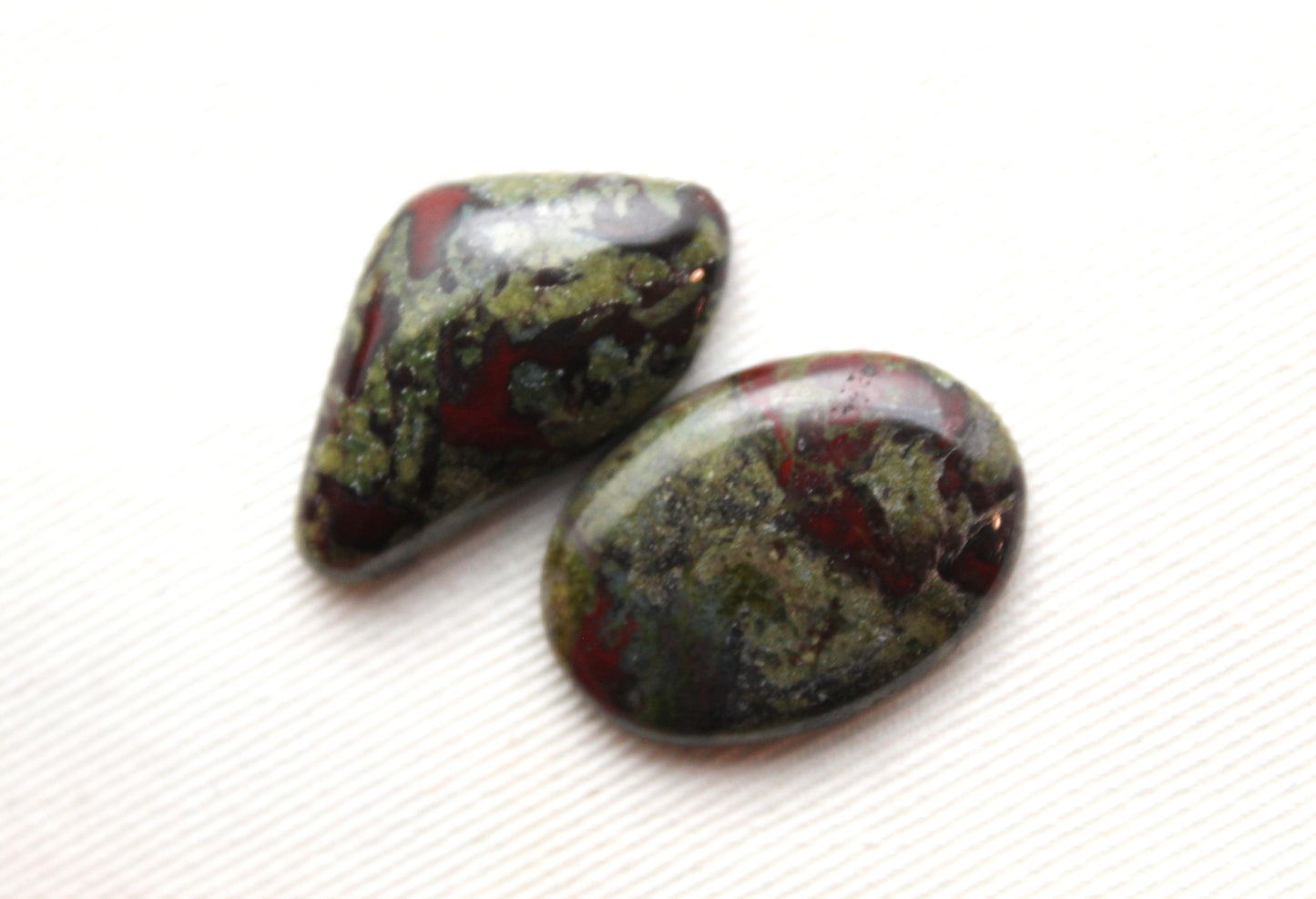 TWO Dragon blood Stone cabochon freeform green red