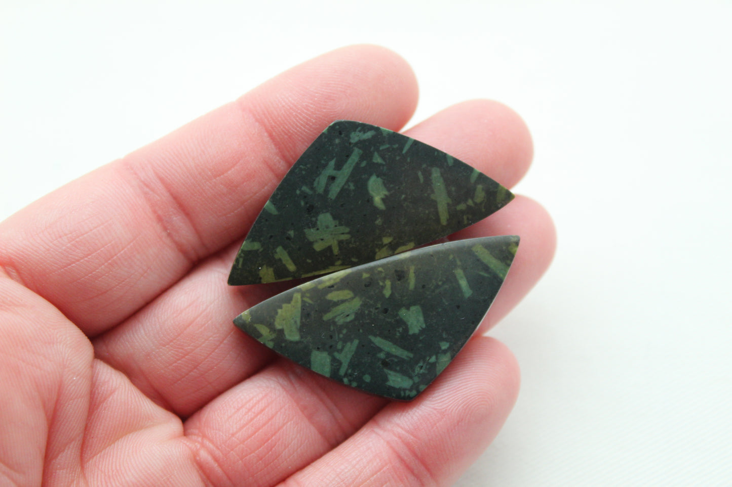 Pair Green Chinese writing stone Gemstone Cabochons