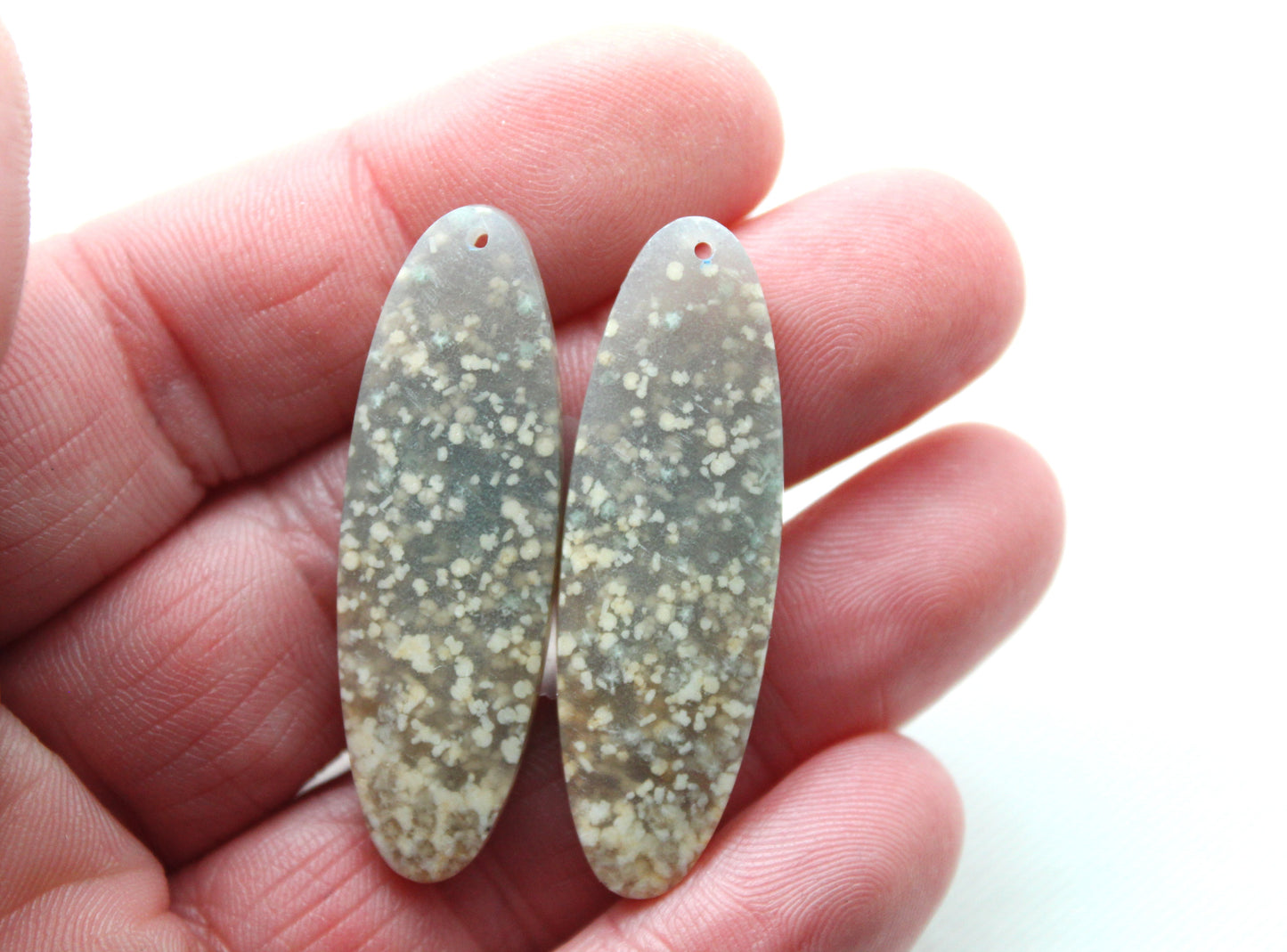 Pair White Indonesian Agate Cabochons gemstones oval DRILLED