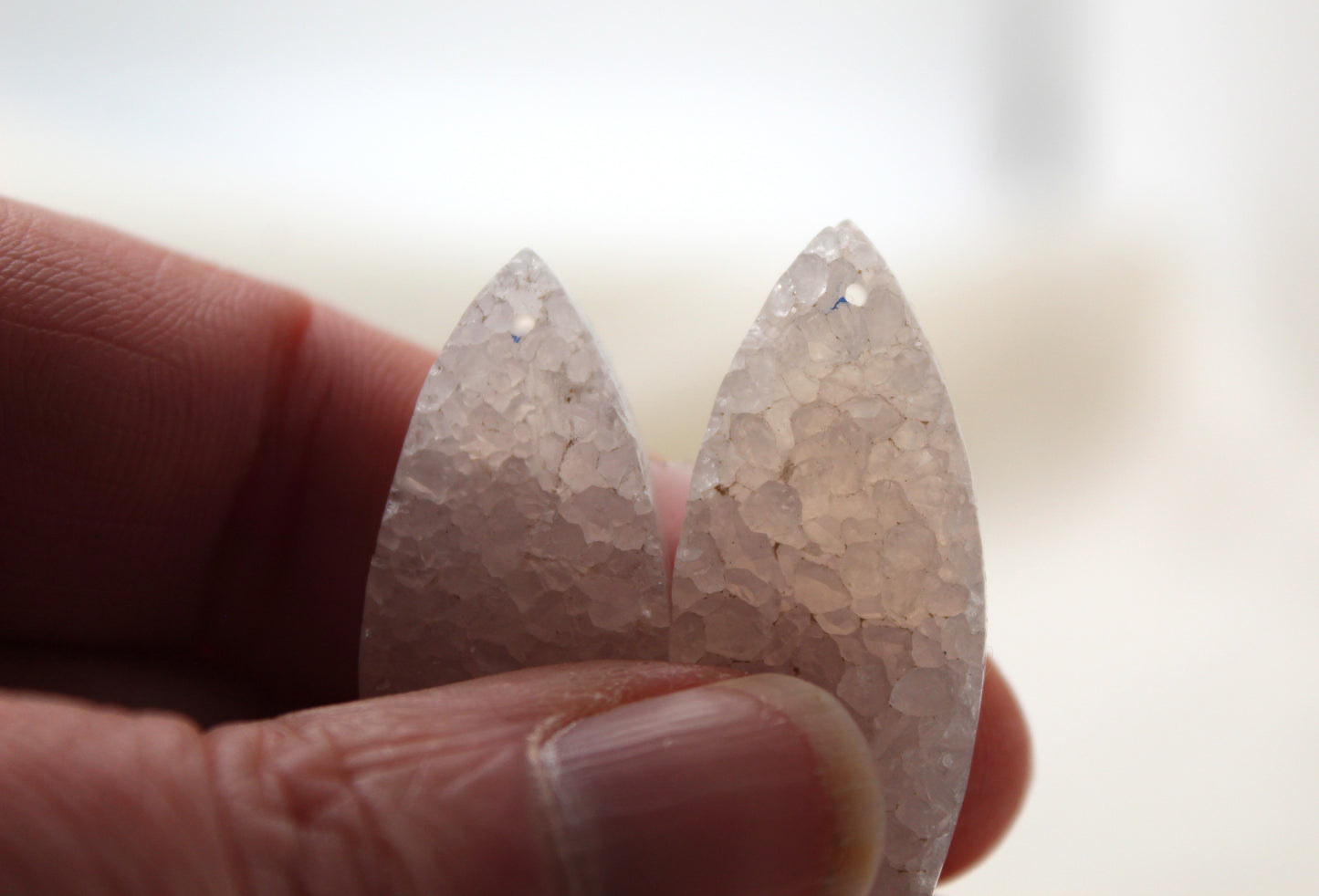White Druzy Pair Cabochons marquise DRILLED