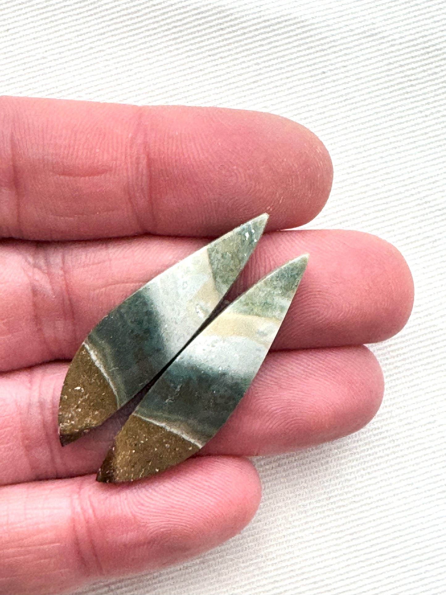 Matching pair of green Jasper Cabochons freeform