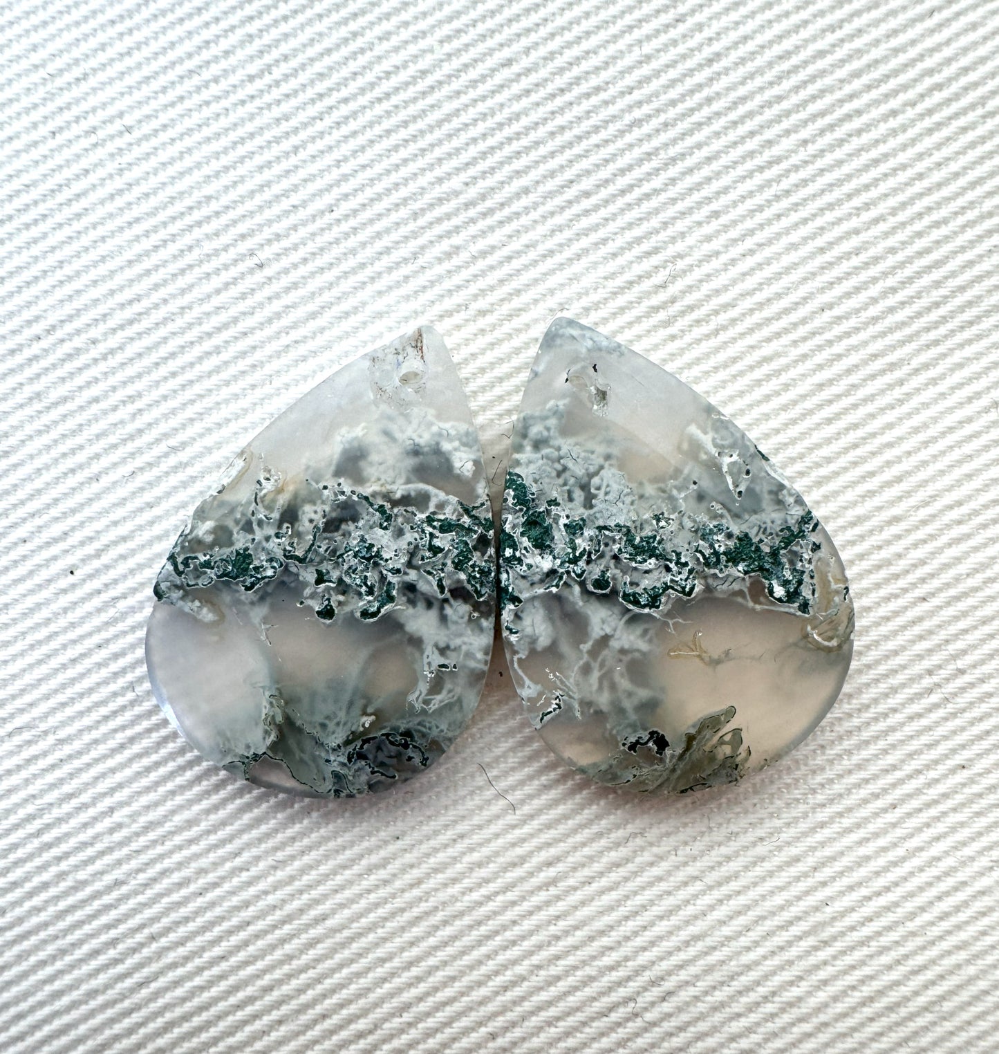 Pair of moss Agate Cabochons teardrop DRILLED