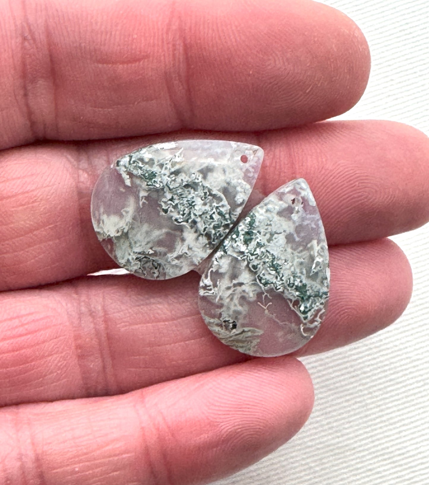 Pair of moss Agate Cabochons teardrop DRILLED