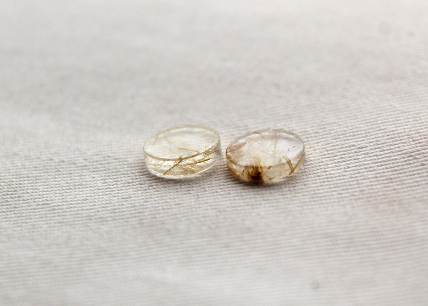 TWO rutilated Quartz Flat cabochons Round Gemstones golden needles 10MM