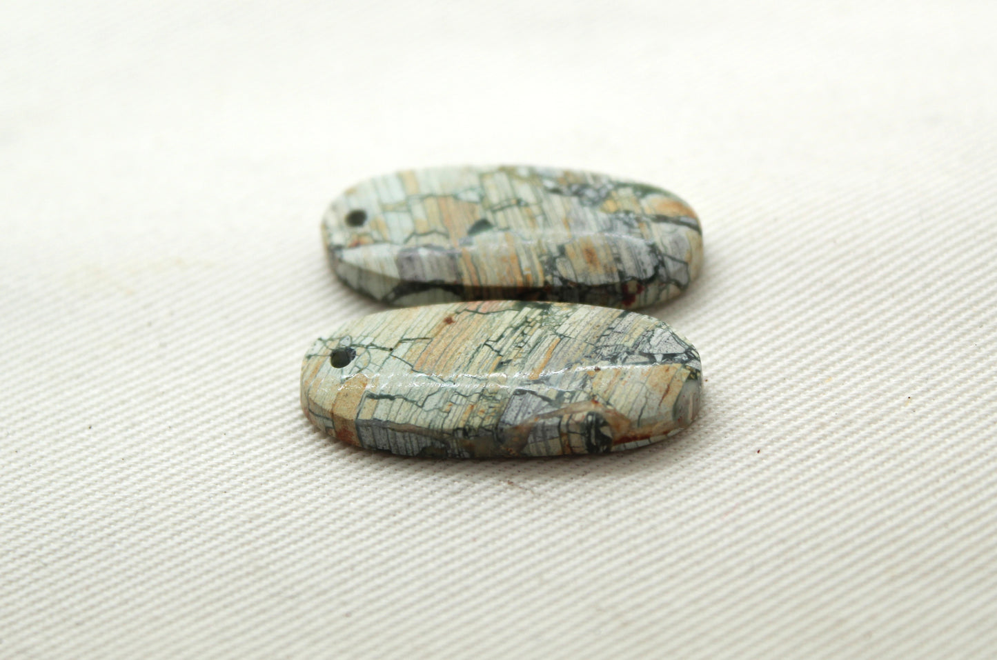 Brecciated Jasper cabochons Gemstone green pair DRILLED