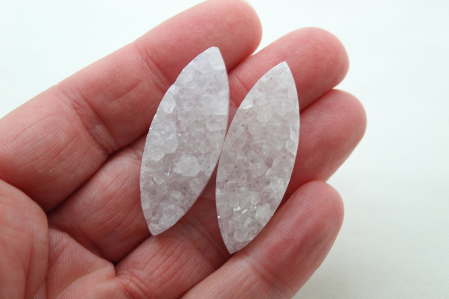 White Druzy Pair Cabochons marquise