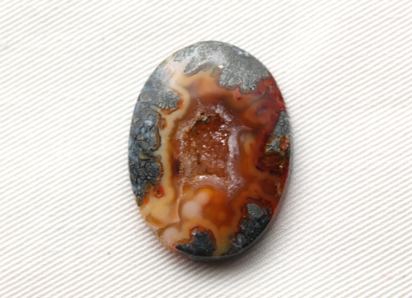 Marcasite in Agate Cabochon Gemstone orange with Druzy Oval
