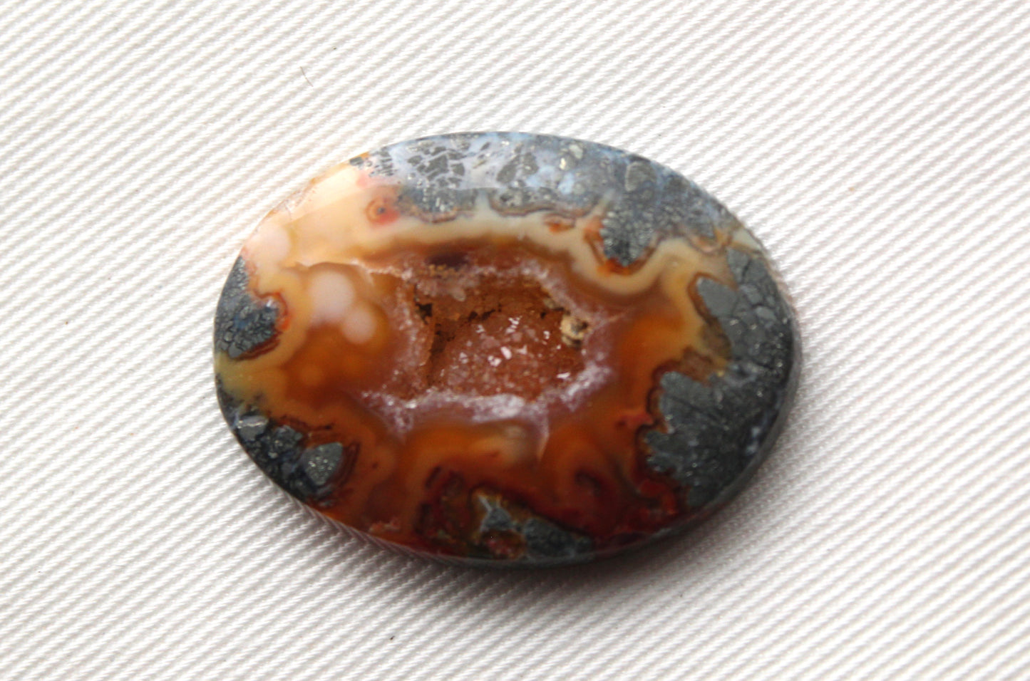 Marcasite in Agate Cabochon Gemstone orange with Druzy Oval