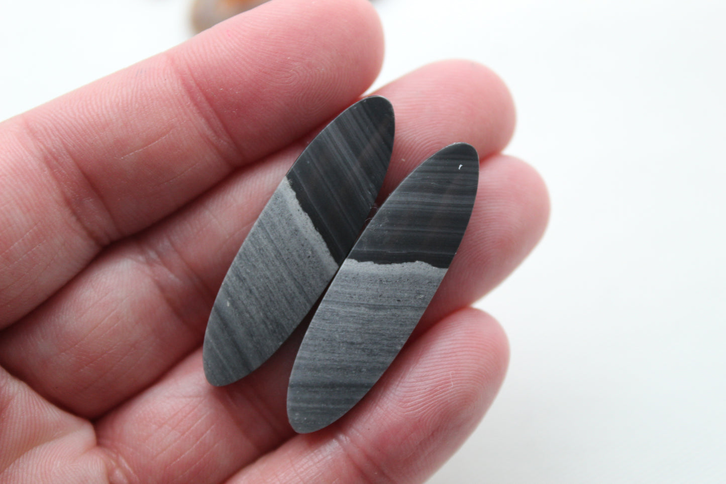 Pair of striped Jasper Cabochons grey black oval