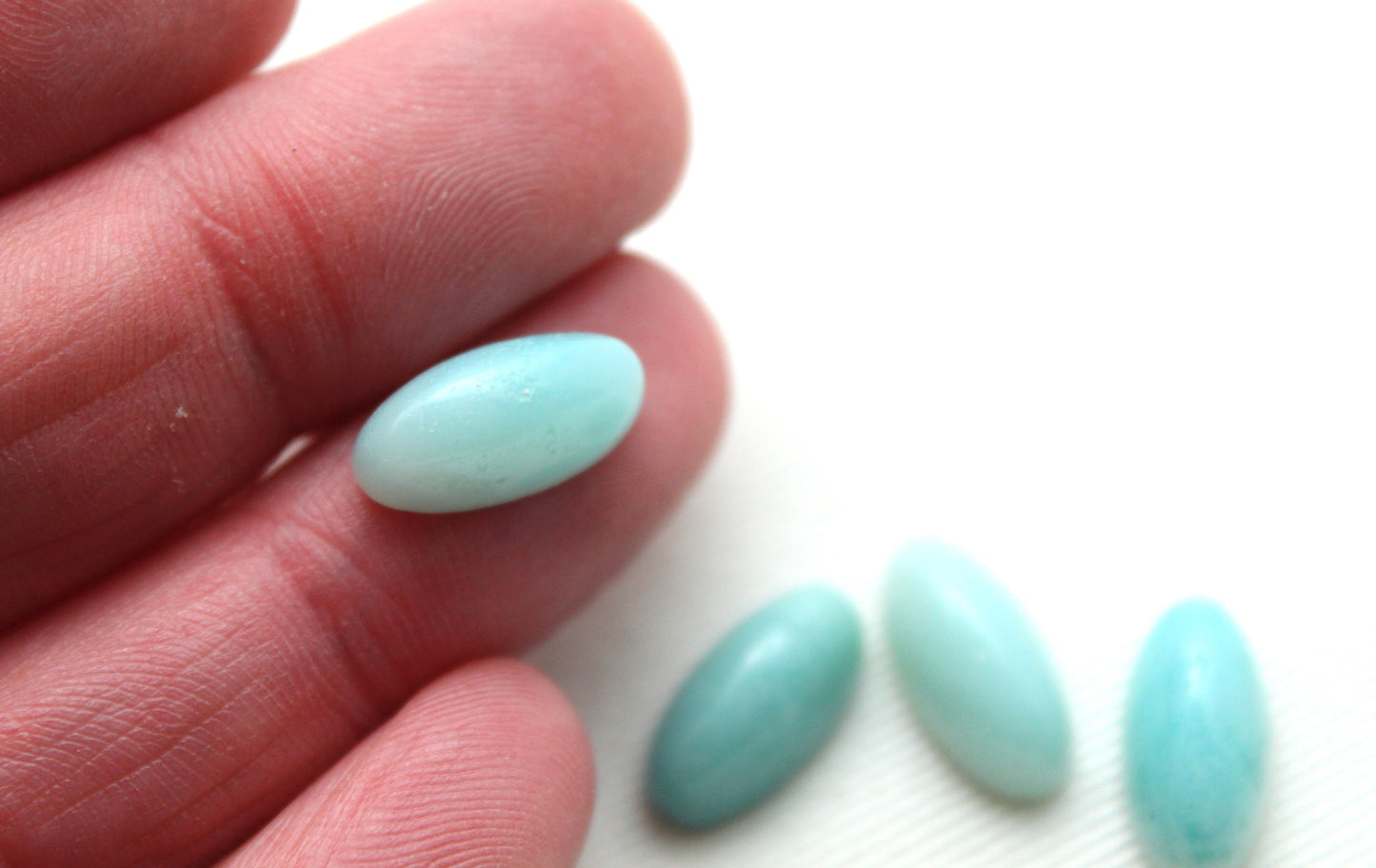 FOUR Amazonite oval cabochon 7x14 mm blue high dome