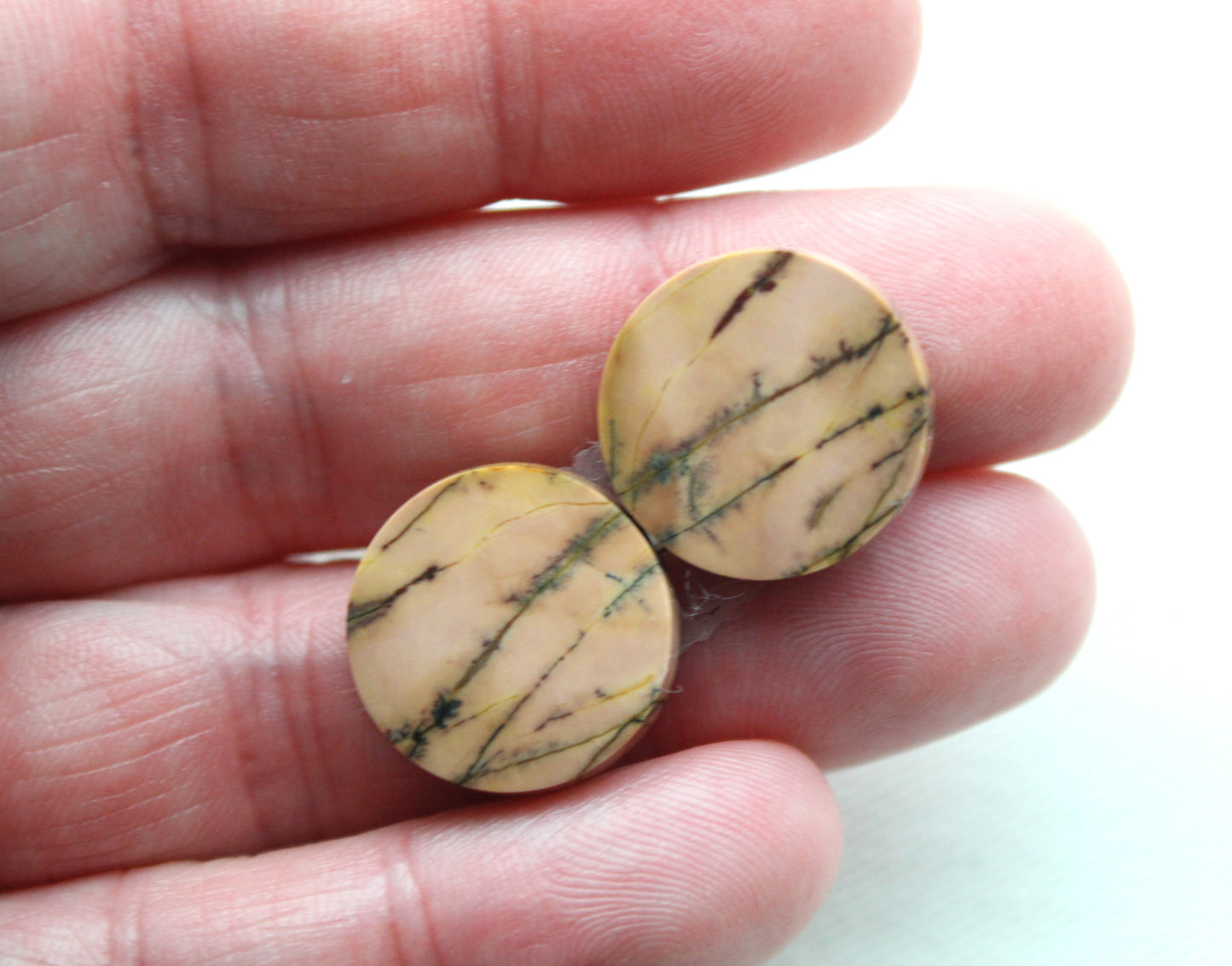 NICE Pair of Cabochons Yellow Feather Jasper Gemstone 17MM