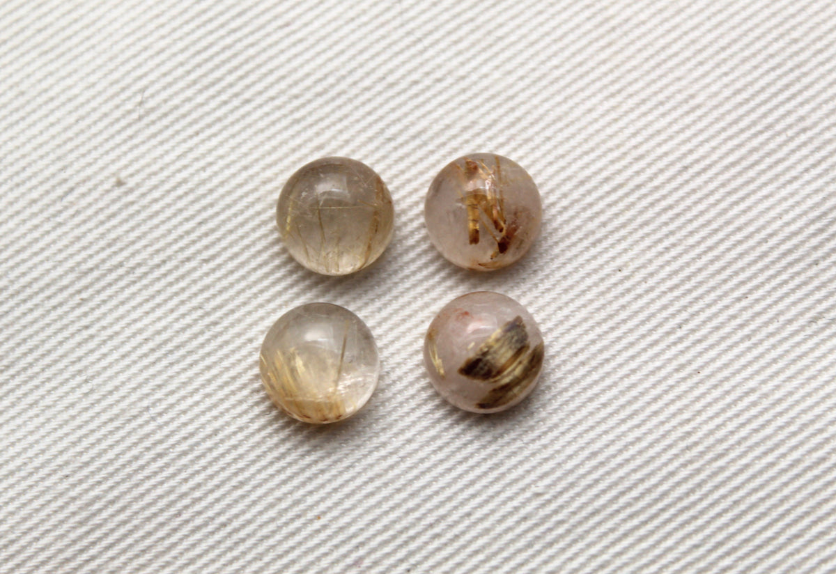 FOUR rutilated Quartz cabochons Round Gemstones golden needles 8MM