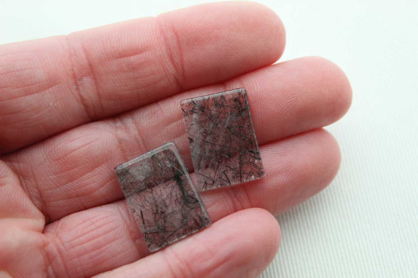 TWO rutilated Quartz cabochons FLAT rectangle Gemstones black needles