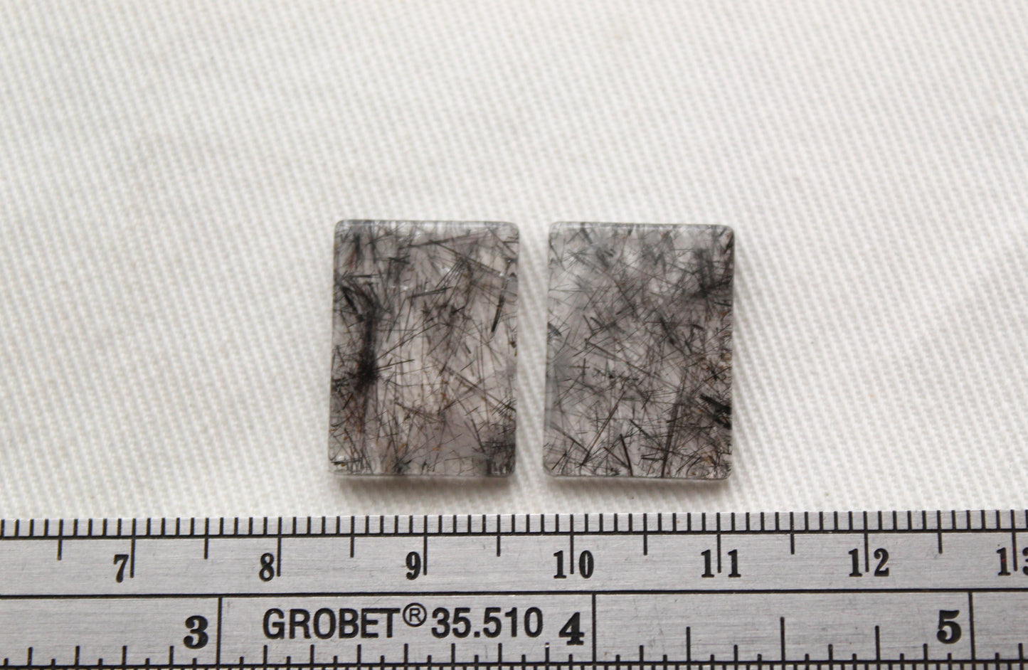 TWO rutilated Quartz cabochons FLAT rectangle Gemstones black needles