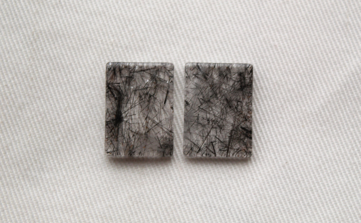 TWO rutilated Quartz cabochons FLAT rectangle Gemstones black needles