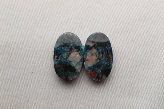 Azurite pair oval cabochons blue beige