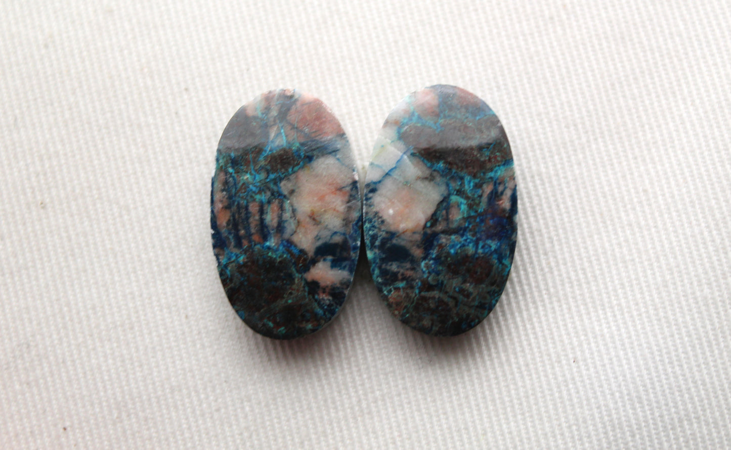 Azurite pair oval cabochons blue beige