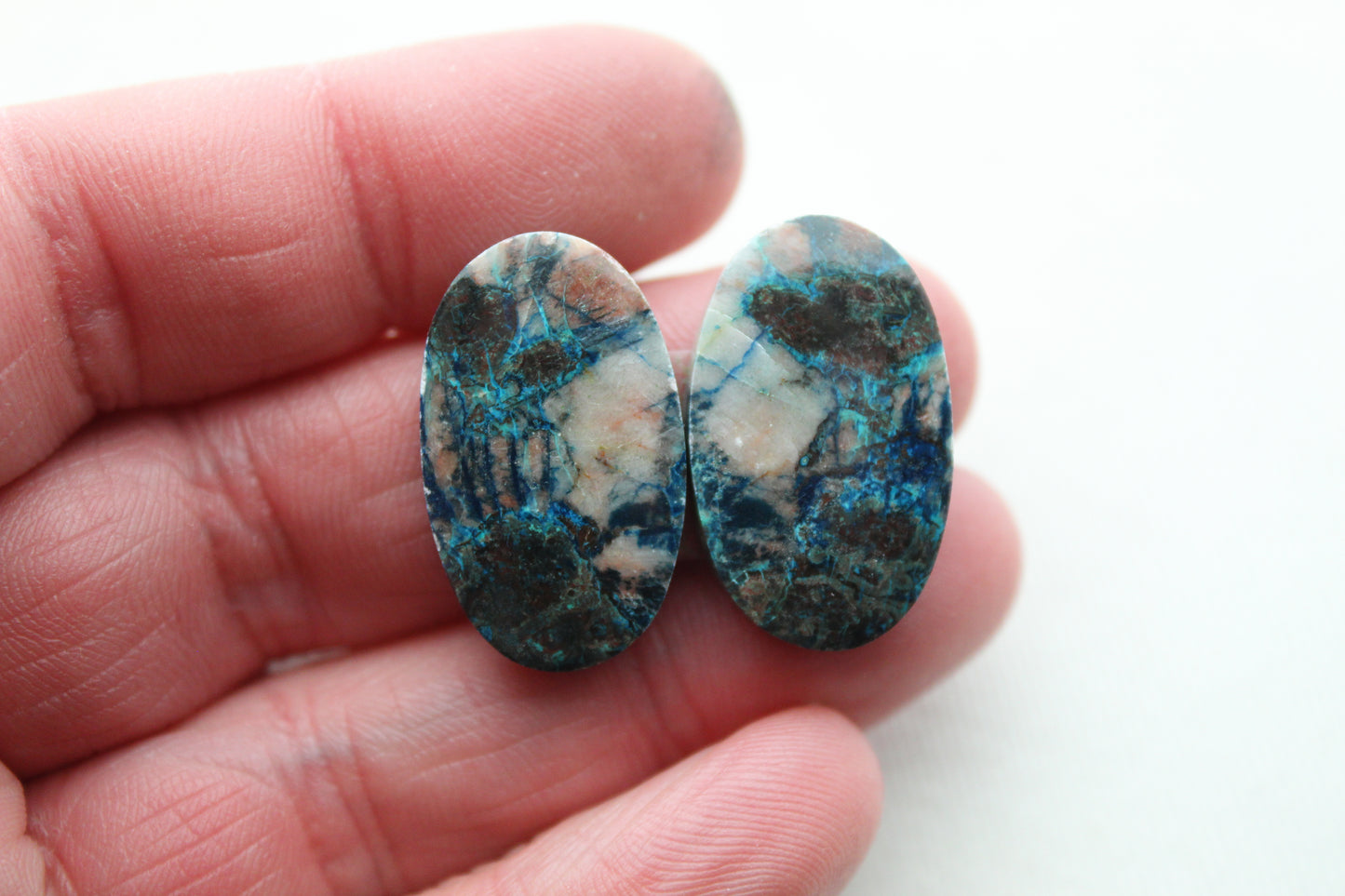 Azurite pair oval cabochons blue beige