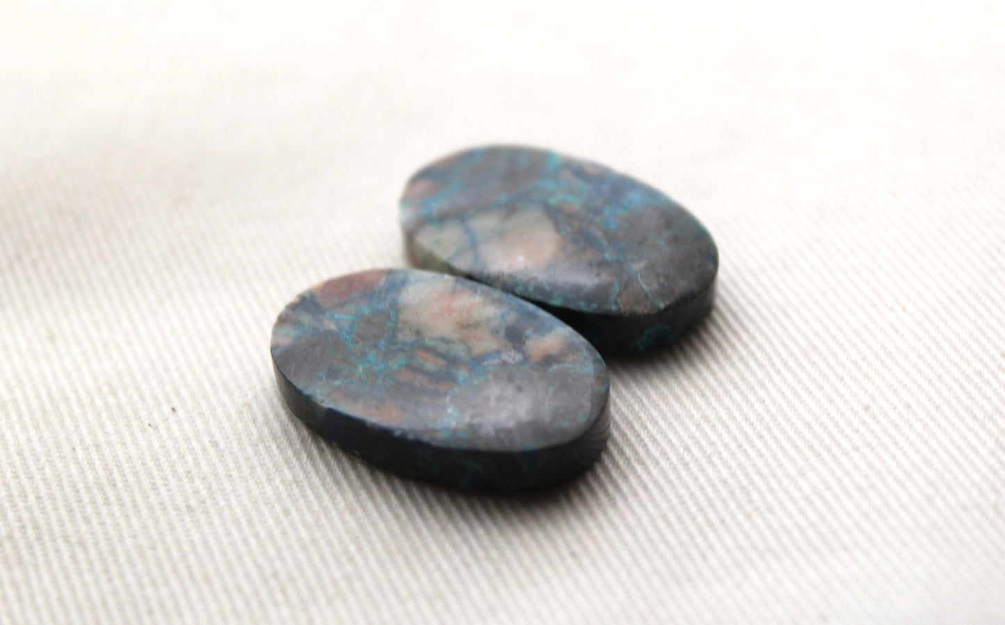 Azurite pair oval cabochons blue beige