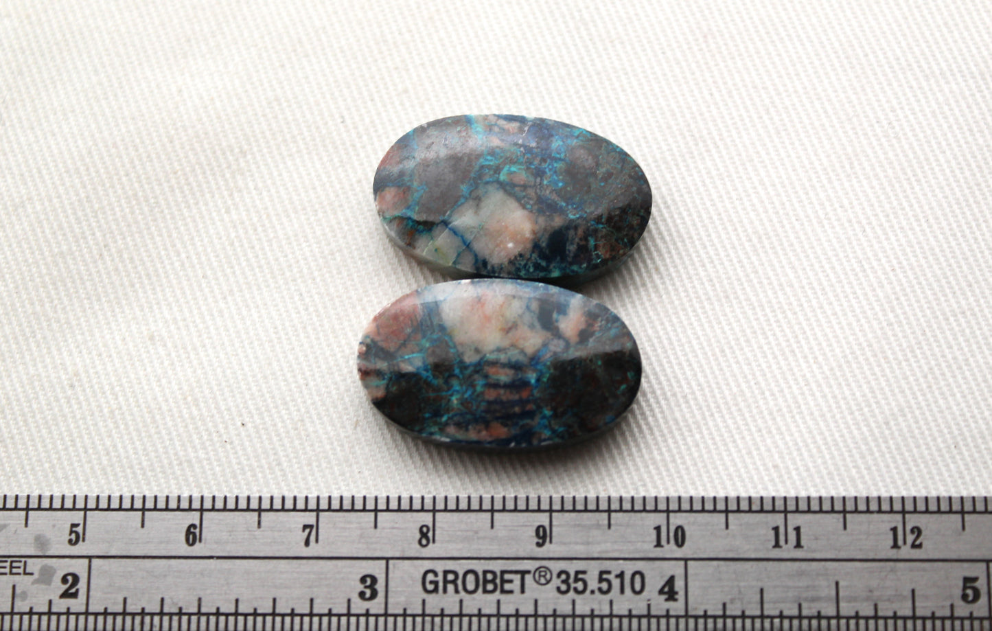 Azurite pair oval cabochons blue beige