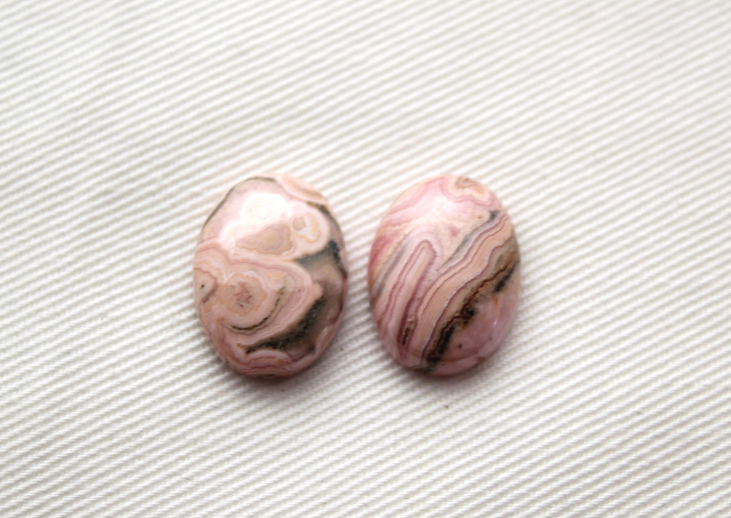 TWO Rhodocrosite cabochons Gemstones pink white Oval 12X16MM