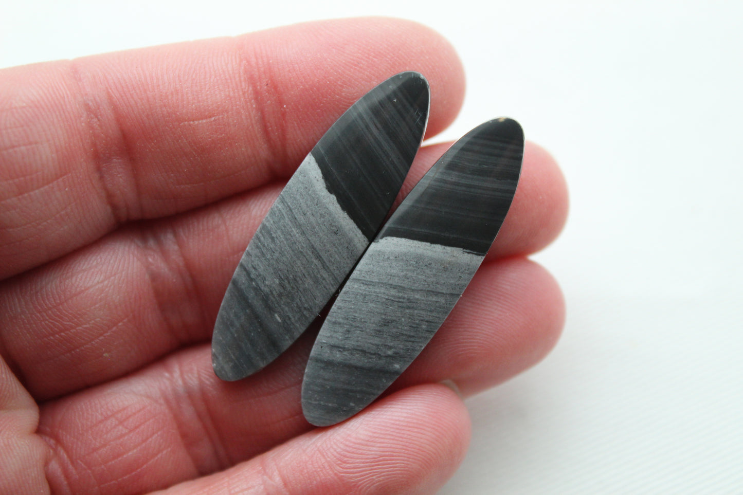 Pair of striped Jasper Cabochons grey black oval