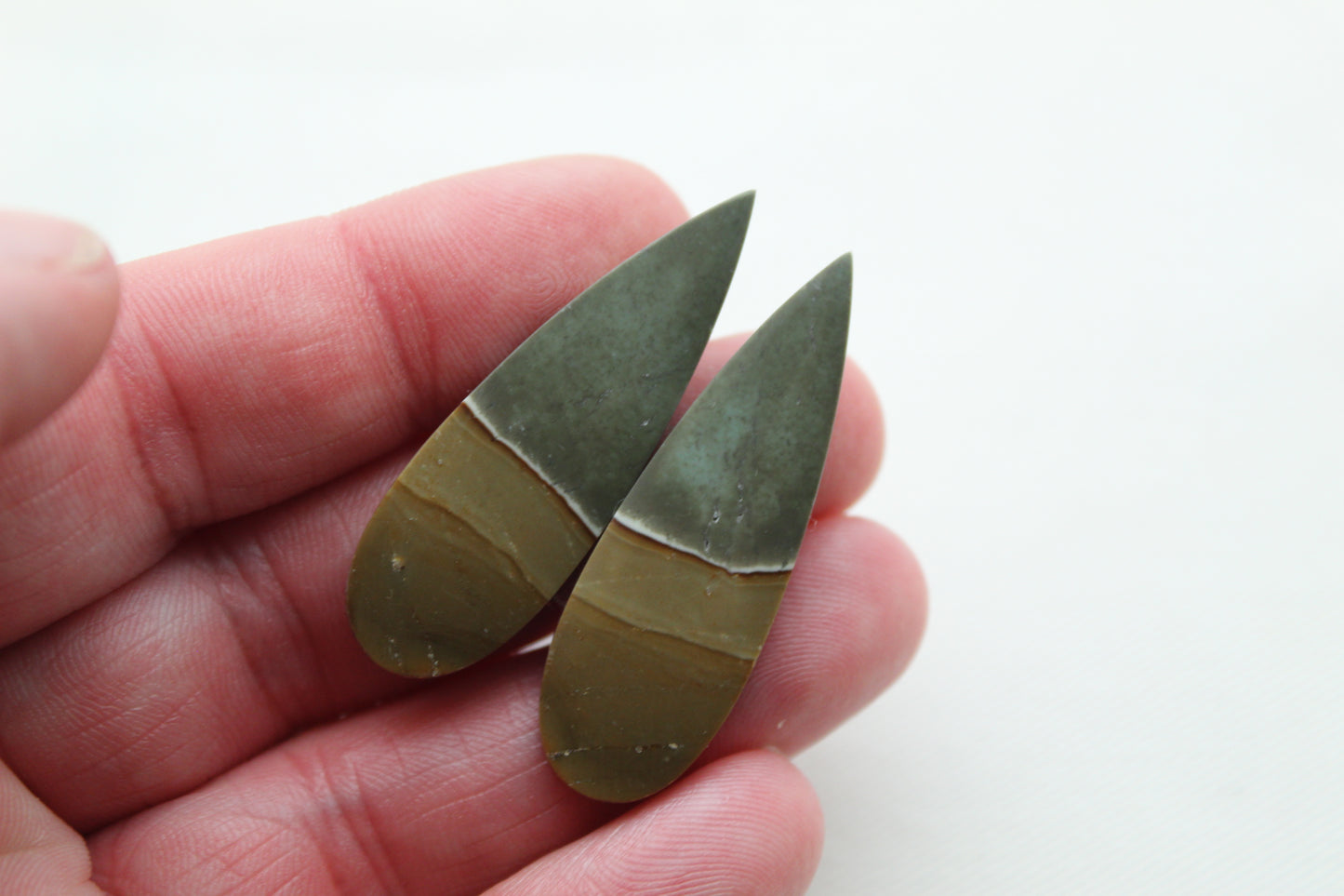 Matching pair of polychrome Jasper Cabochons green