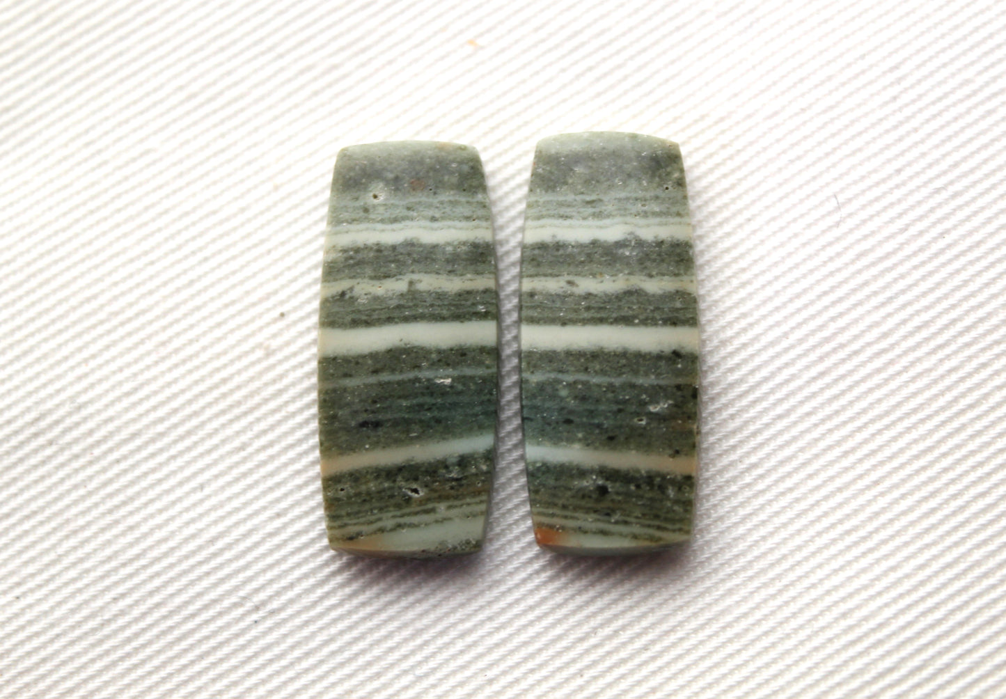 Pair of striped green Jasper Cabochons rectangle