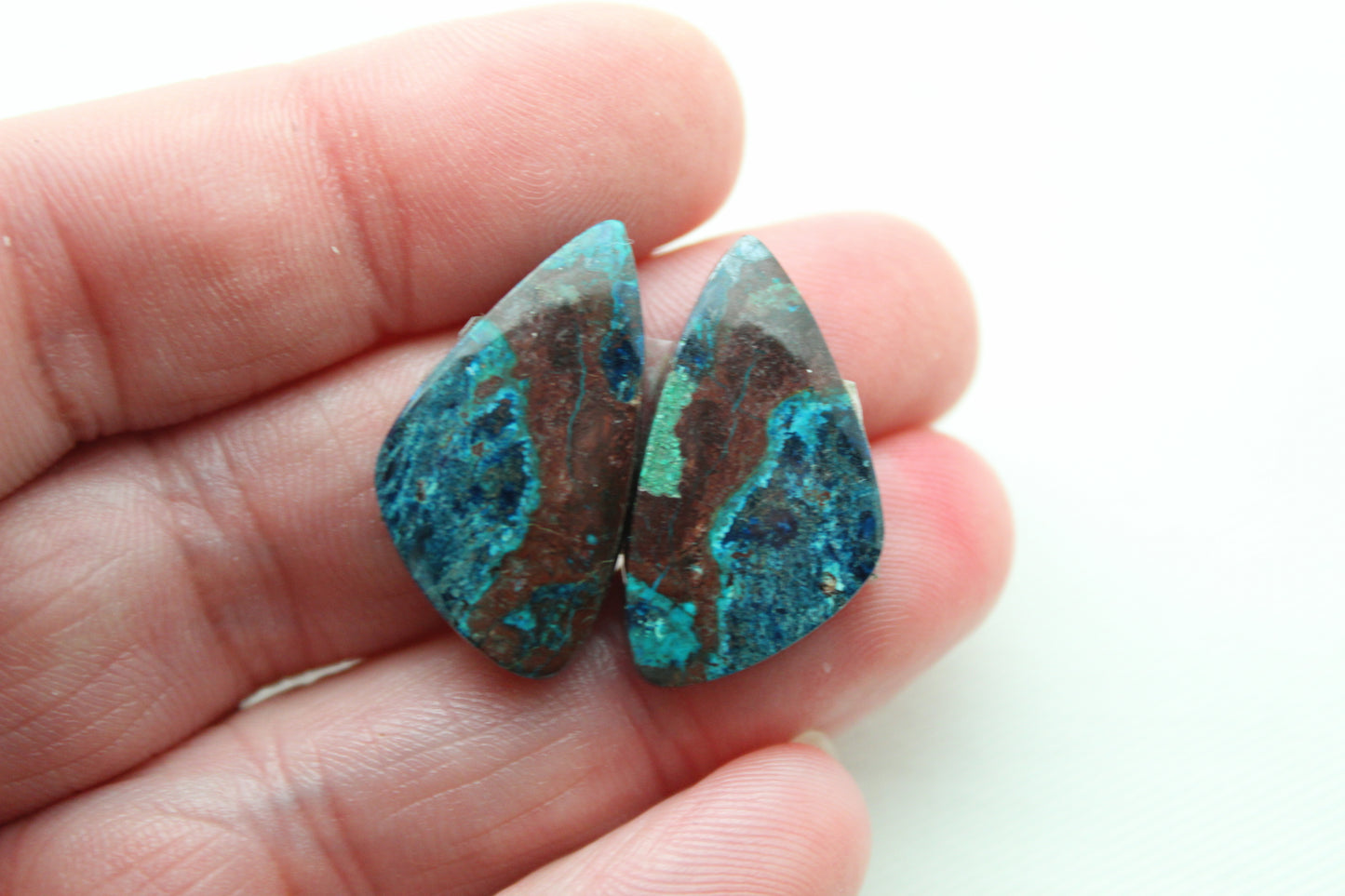 Small Azurite pair cabochons blue brown freeform