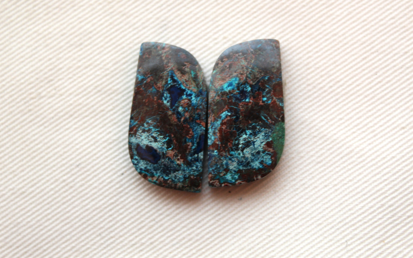 Azurite pair cabochons blue brown freeform