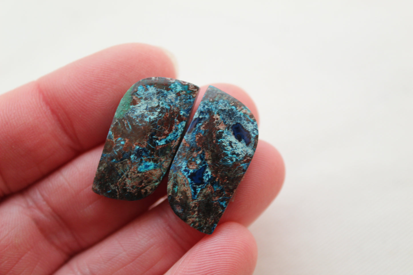 Azurite pair cabochons blue brown freeform