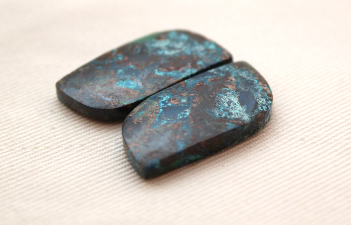 Azurite pair cabochons blue brown freeform