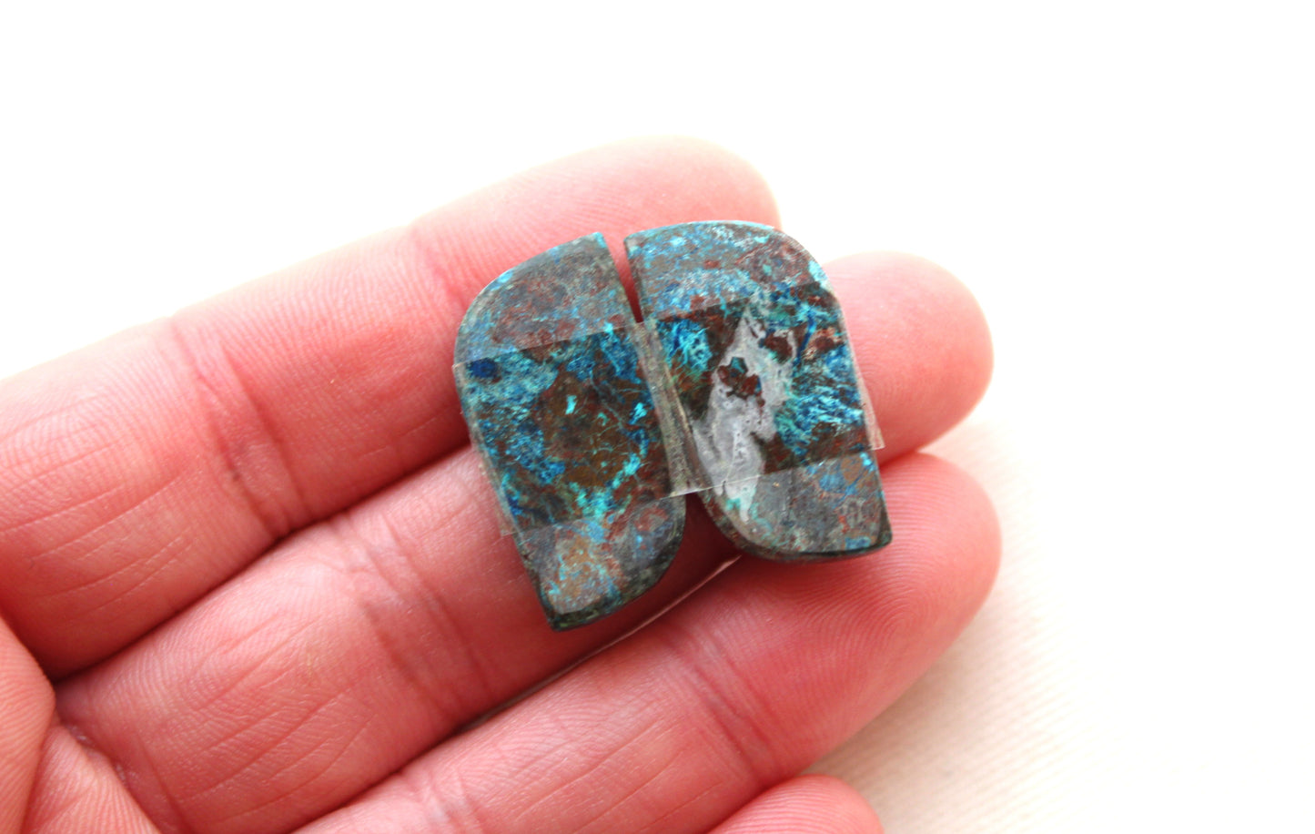 Azurite pair cabochons blue brown freeform