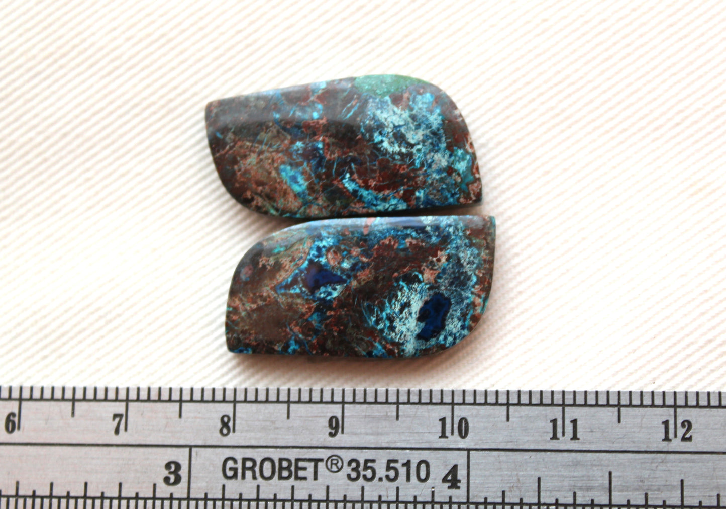 Azurite pair cabochons blue brown freeform