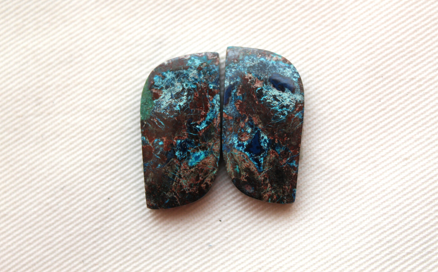 Azurite pair cabochons blue brown freeform