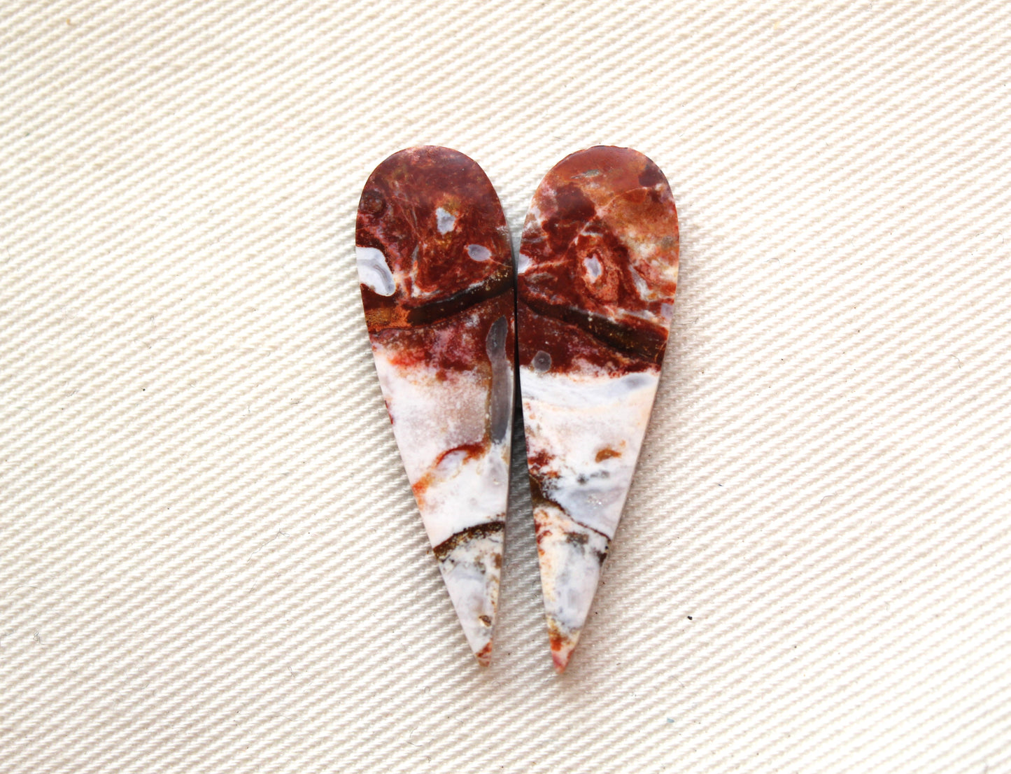 Pair of Indonesian Jasper Cabochons white red teardrop