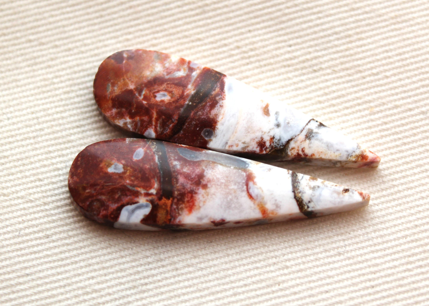 Pair of Indonesian Jasper Cabochons white red teardrop