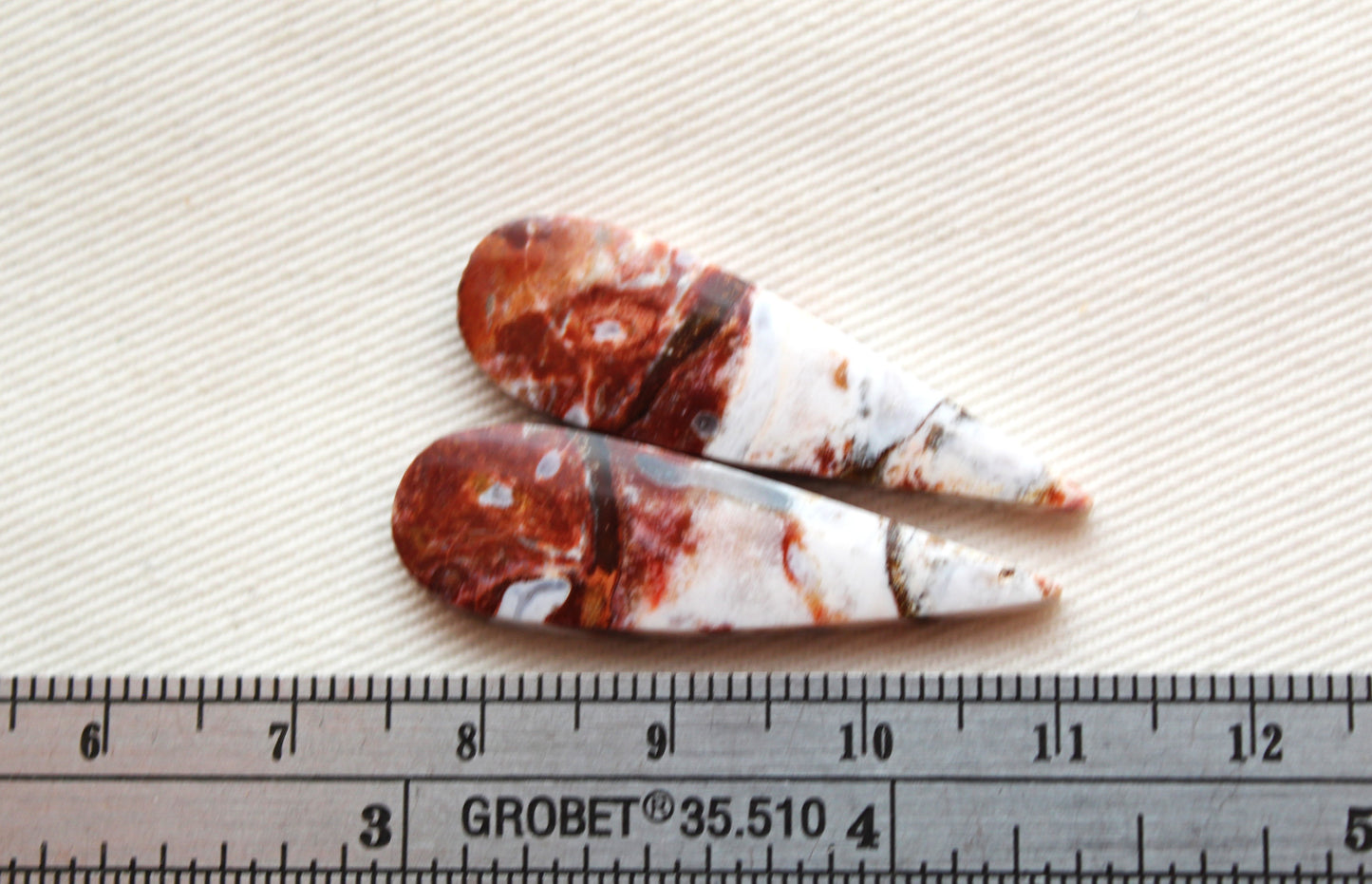 Pair of Indonesian Jasper Cabochons white red teardrop