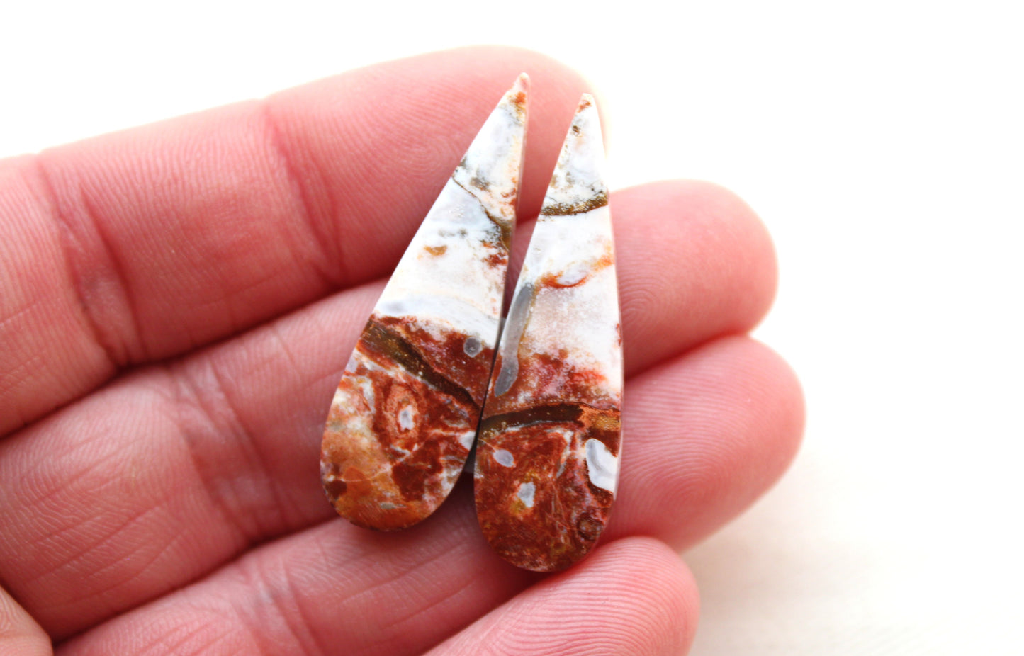 Pair of Indonesian Jasper Cabochons white red teardrop