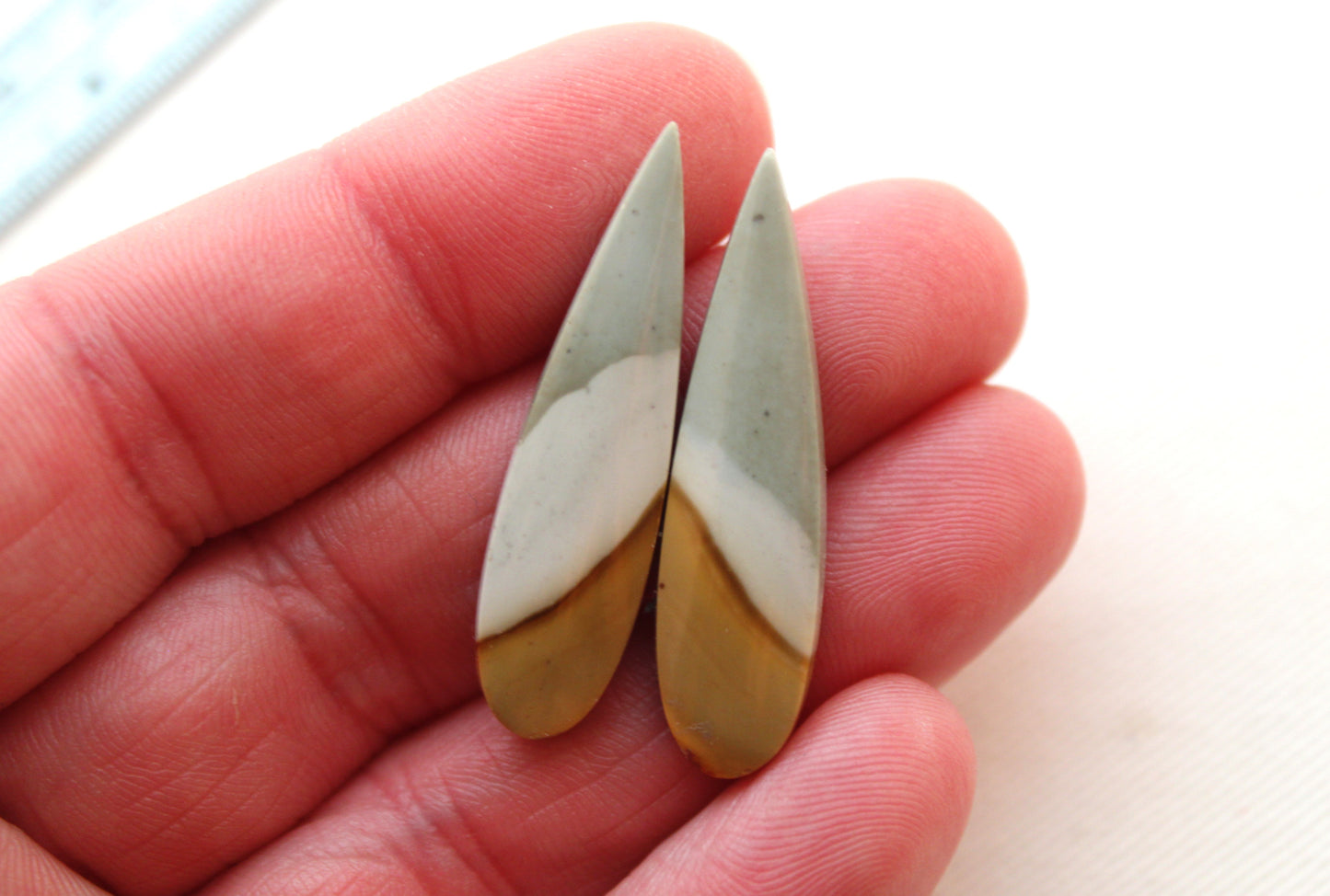 Matching pair of polychrome Jasper Cabochons green pear