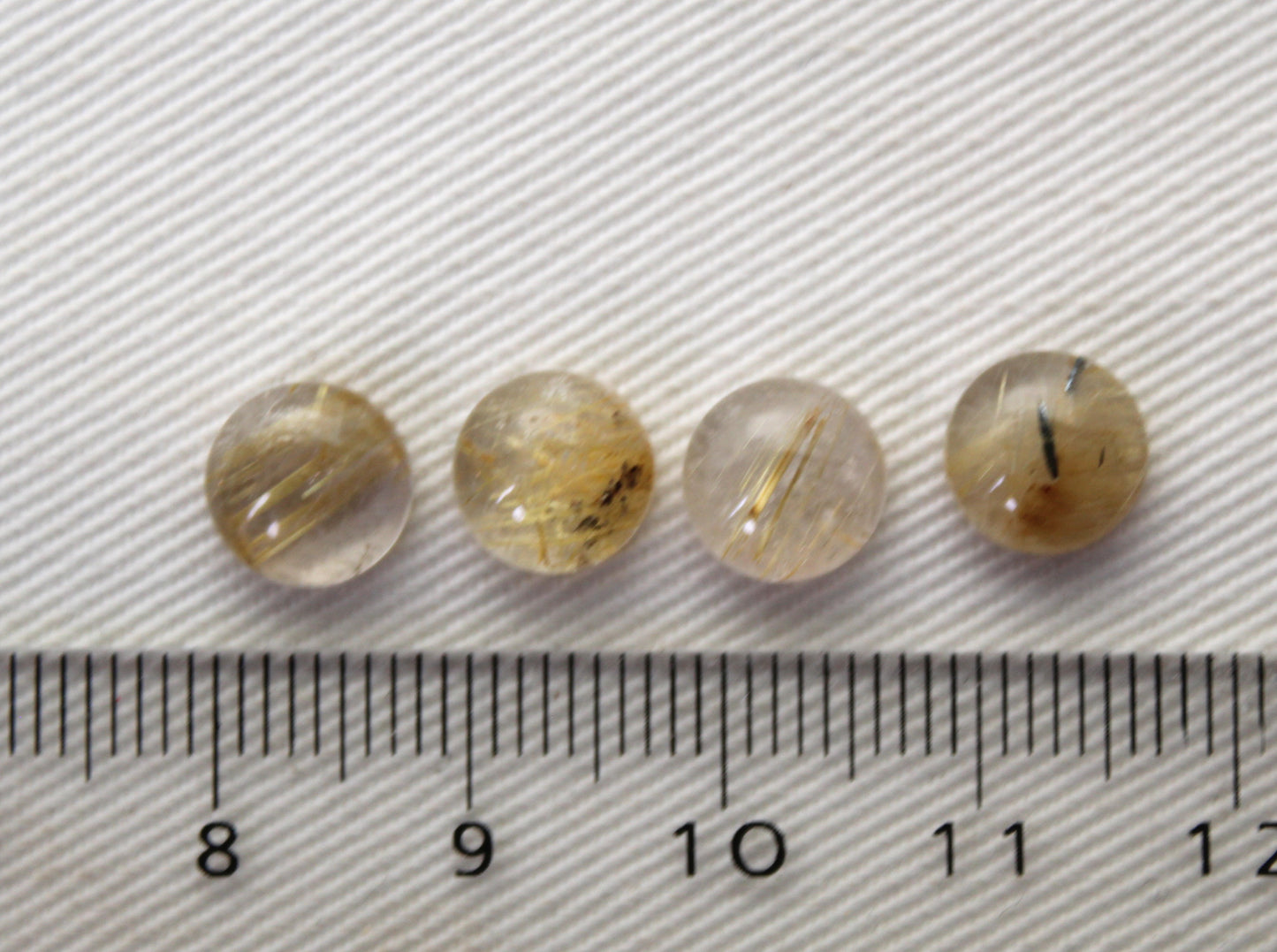 FOUR rutilated Quartz cabochons Round Gemstones golden needles 8MM