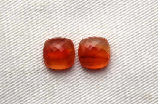 TWO Carnelian faceted cabochons Orange square cushion gemstones 10 mm