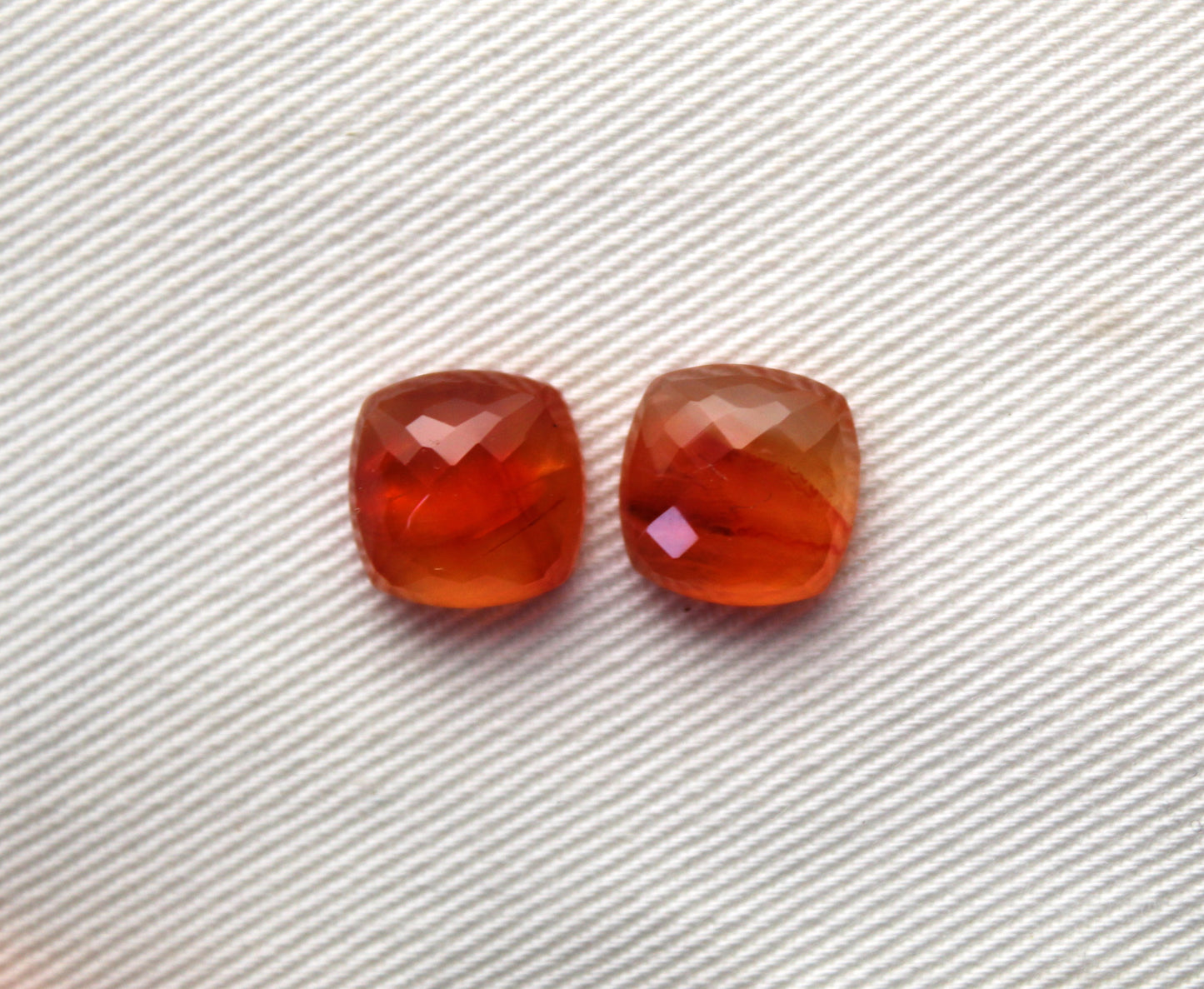 TWO Carnelian faceted cabochons Orange square cushion gemstones 10 mm