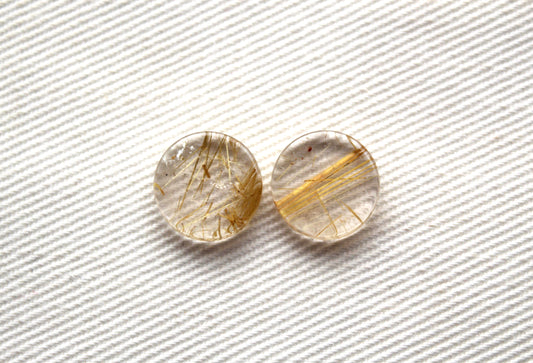 TWO rutilated Quartz Flat cabochons Round Gemstones golden needles 10MM