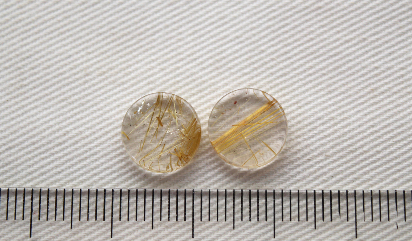 TWO rutilated Quartz Flat cabochons Round Gemstones golden needles 10MM