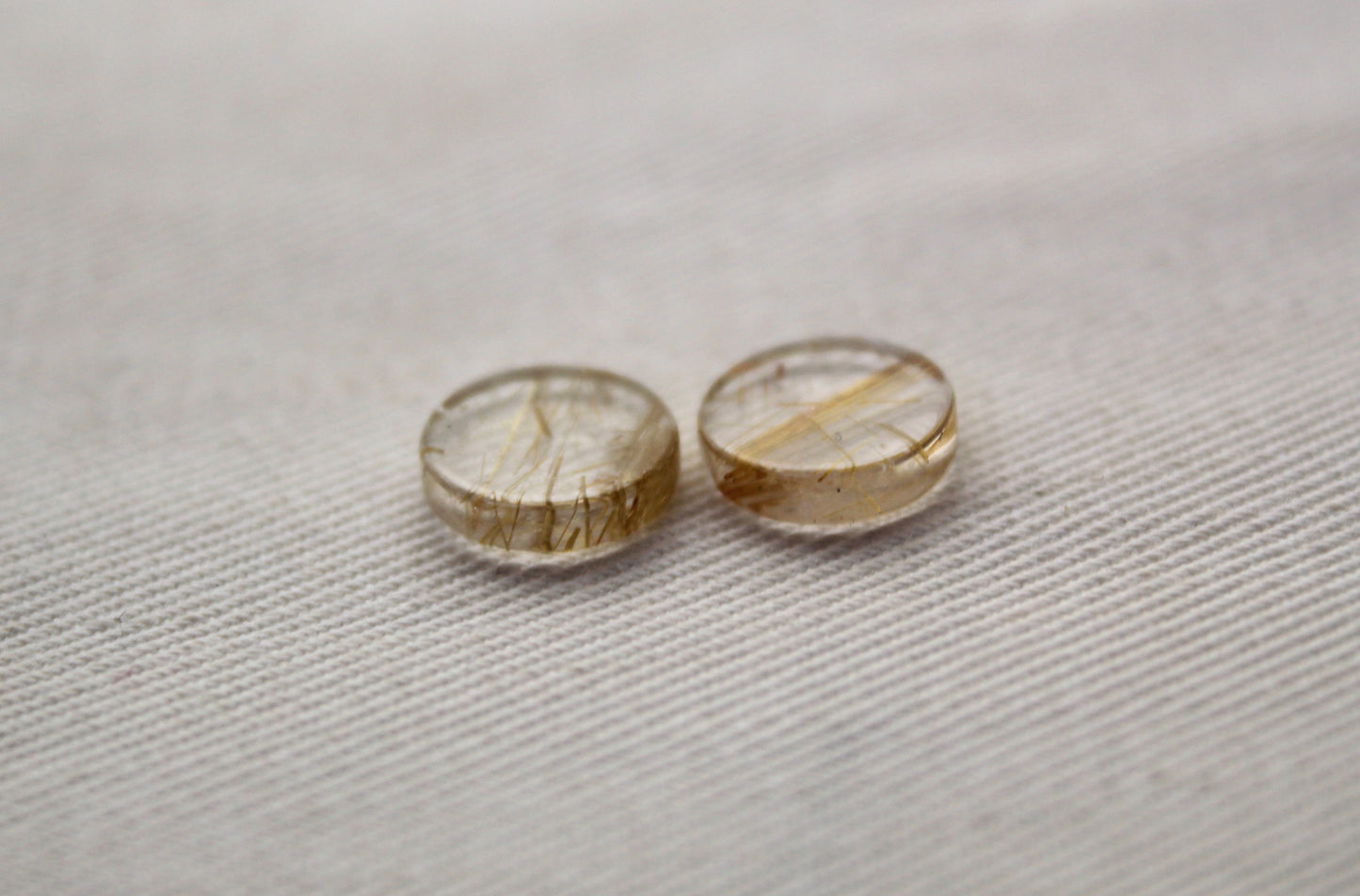 TWO rutilated Quartz Flat cabochons Round Gemstones golden needles 10MM