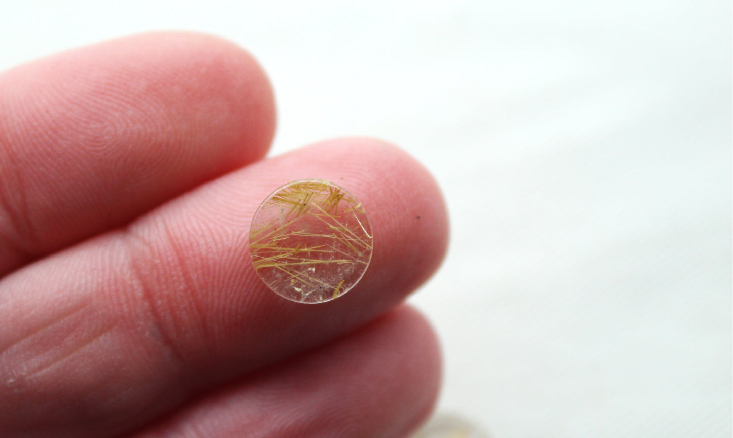 TWO rutilated Quartz Flat cabochons Round Gemstones golden needles 10MM