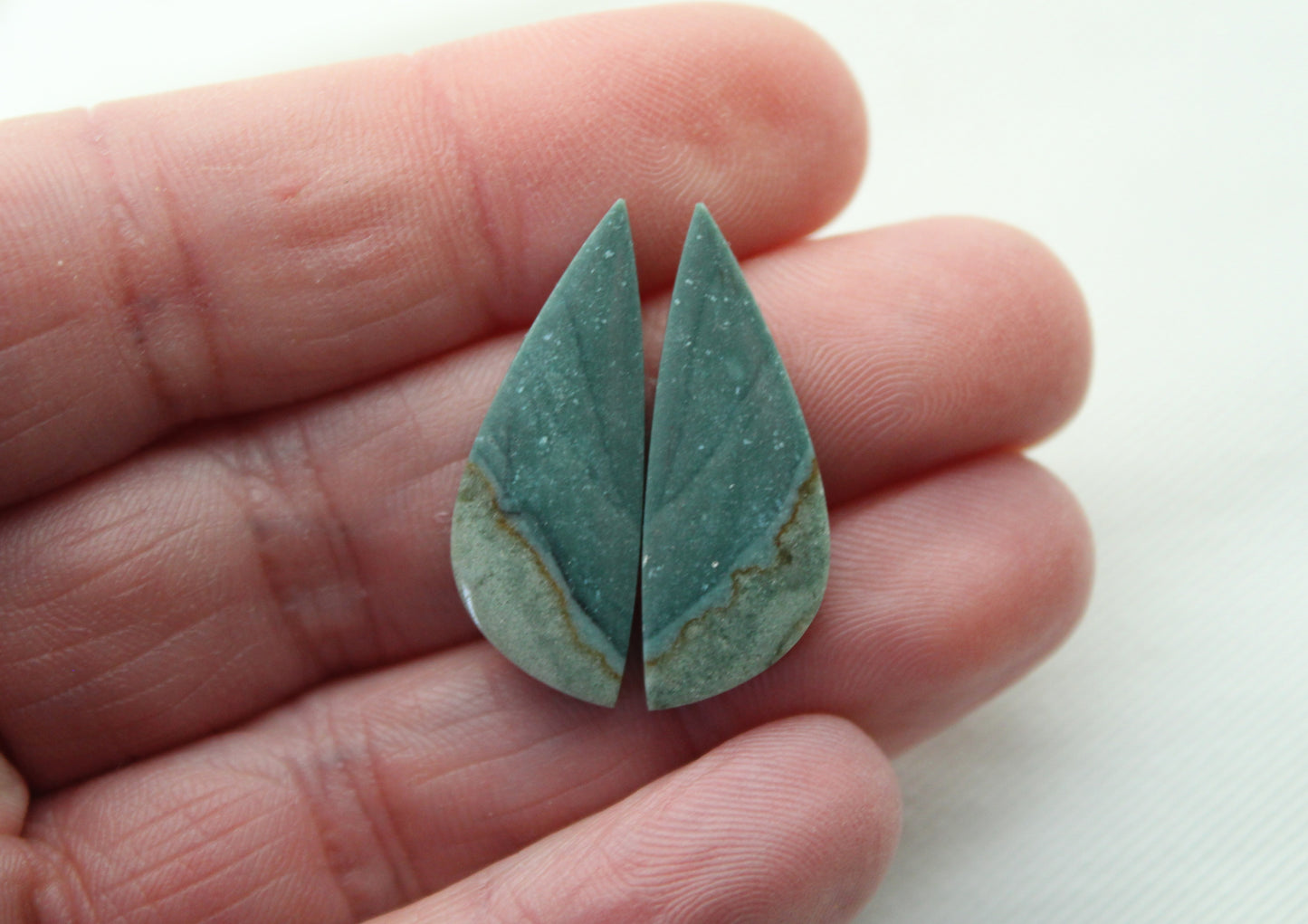 Pair of small Imperial green Jasper Cabochons